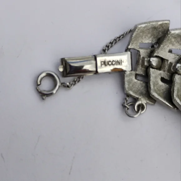 Art Deco Puccini Metal Crocodile Style Bracelet Wide Signed Silver Toned - Picture 15 of 15